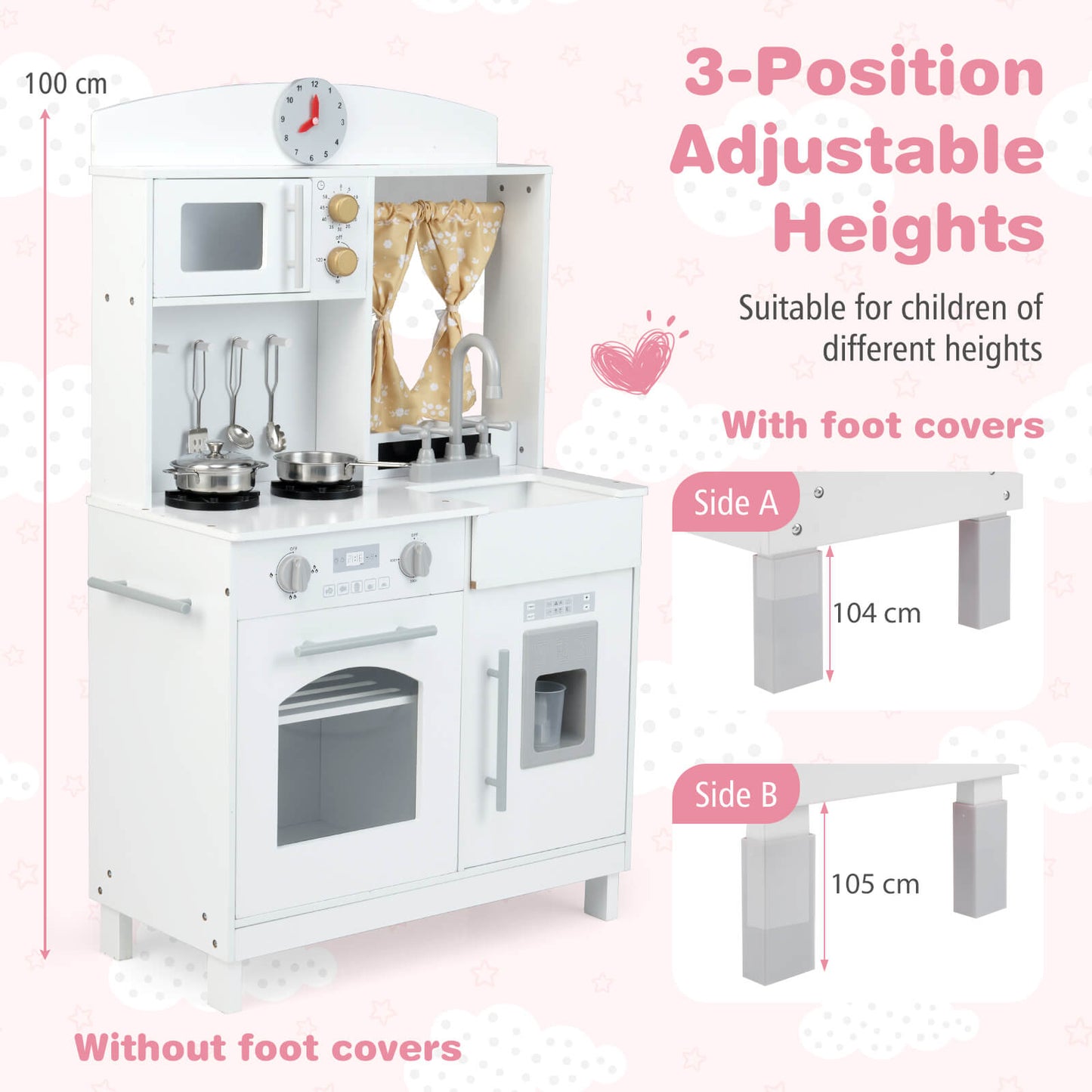 Wooden Play Kitchen for Kids with 3 Adjustable Heights with Stoves and Ice Maker-White
