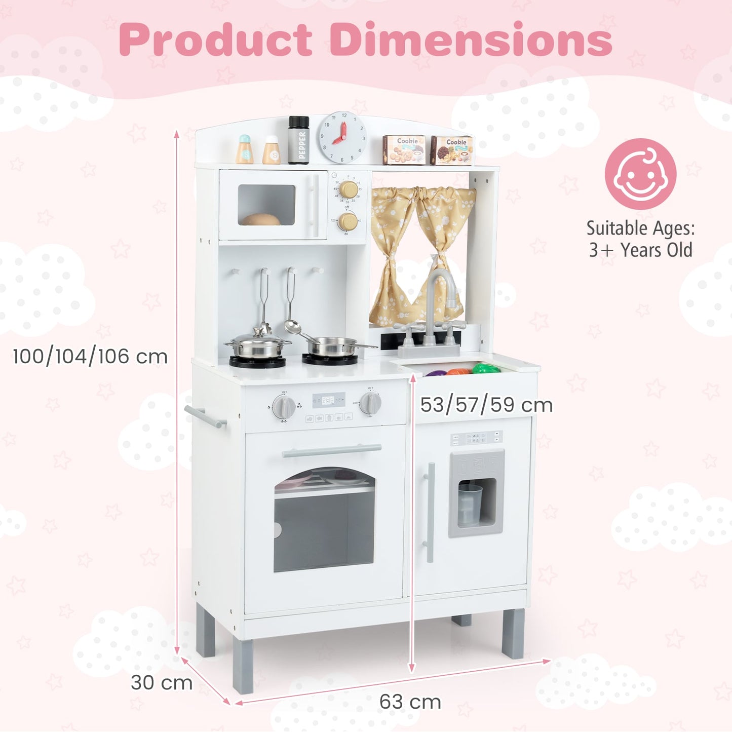 Wooden Play Kitchen for Kids with 3 Adjustable Heights with Stoves and Ice Maker-White
