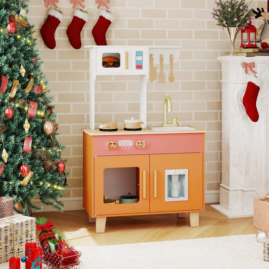 Wooden Play Kitchen with Cookware Accessories for Ages 3-6-Orange