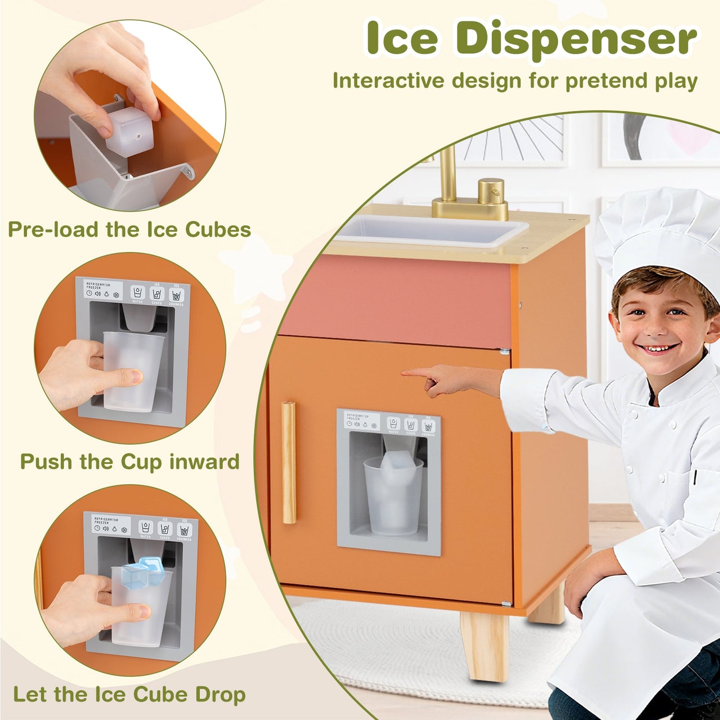 Wooden Play Kitchen with Cookware Accessories for Ages 3-6-Orange