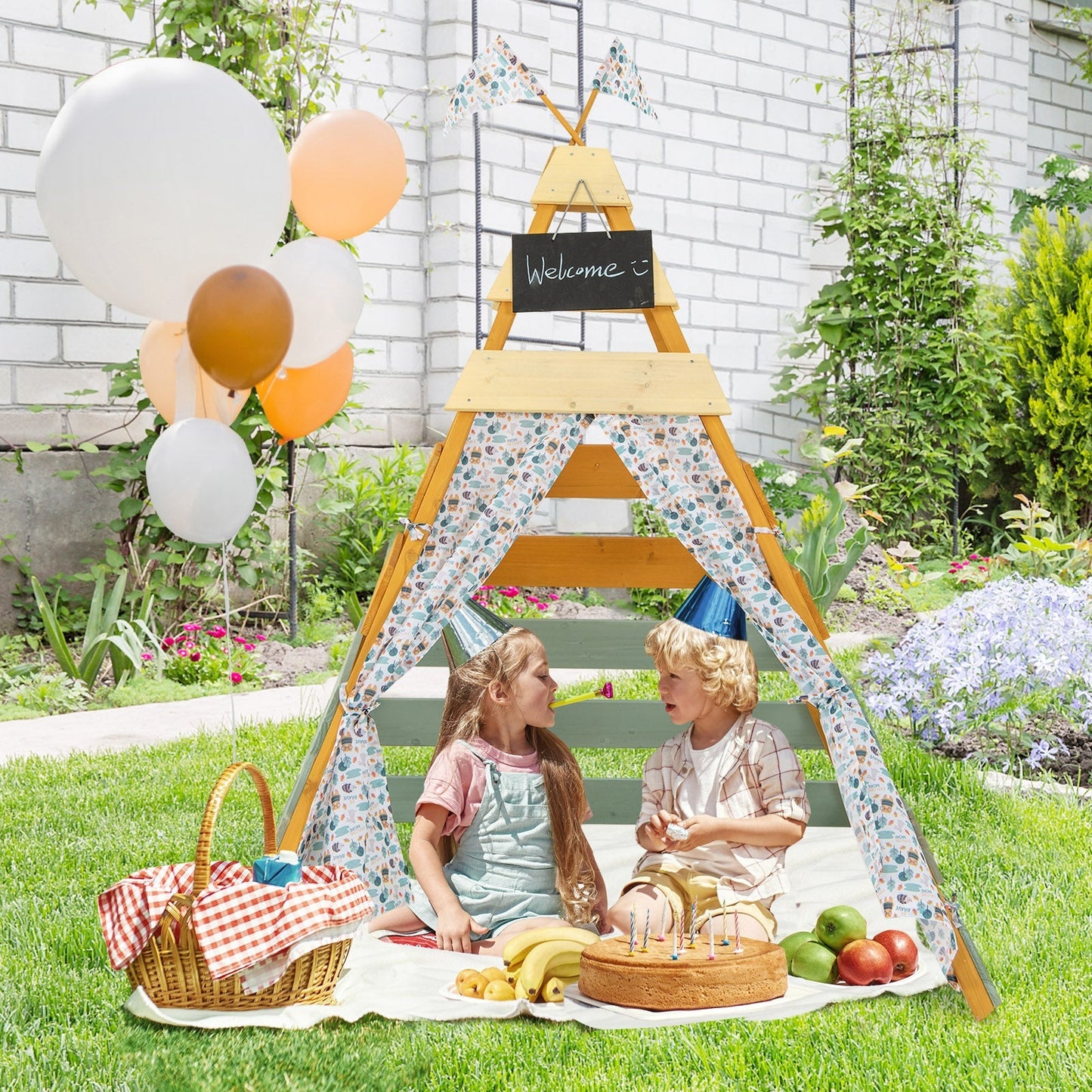 Wooden Play Tent Kids Teepee Tent with Door Curtains for Children 3-8 Years Old