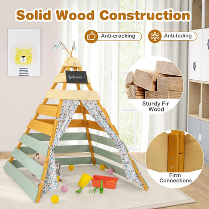 Wooden Play Tent Kids Teepee Tent with Door Curtains for Children 3-8 Years Old
