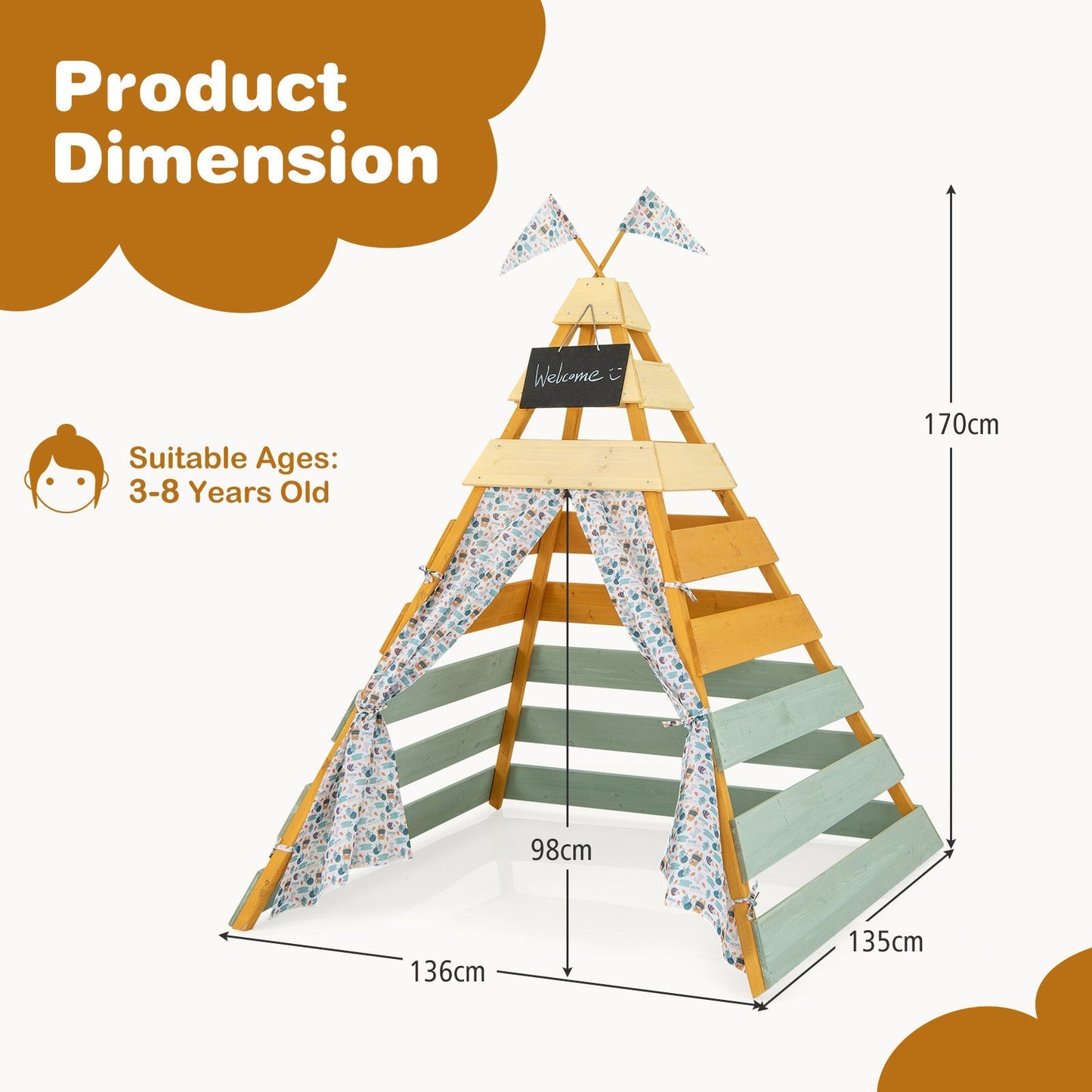 Wooden Play Tent Kids Teepee Tent with Door Curtains for Children 3-8 Years Old