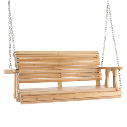 2-seater swing bench made of wood, loadable up to 240 kg, garden swing with cup holders, natural