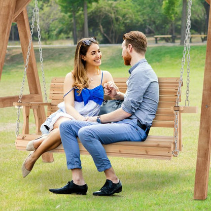 2-seater swing bench made of wood, loadable up to 240 kg, garden swing with cup holders, natural