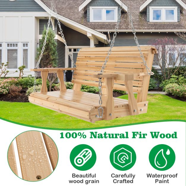 2-seater swing bench made of wood, loadable up to 240 kg, garden swing with cup holders, natural