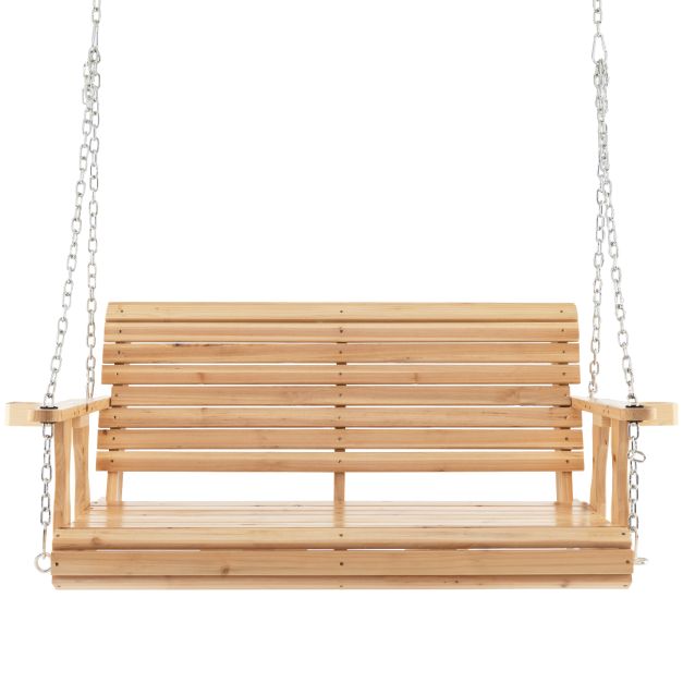 2-seater swing bench made of wood, loadable up to 240 kg, garden swing with cup holders, natural