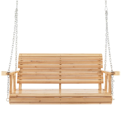 149cm Wooden Porch Swing with Cup Holders Outdoor Hanging Bench