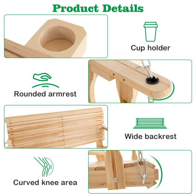 2-seater swing bench made of wood, loadable up to 240 kg, garden swing with cup holders, natural