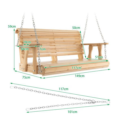 2-seater swing bench made of wood, loadable up to 240 kg, garden swing with cup holders, natural