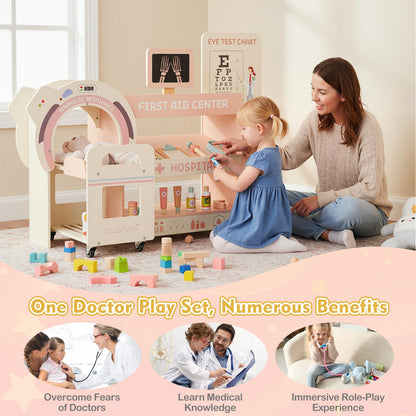 Wooden Pretend Hospital Office Kit with Eye Chart and Toy CT Machine-Pink