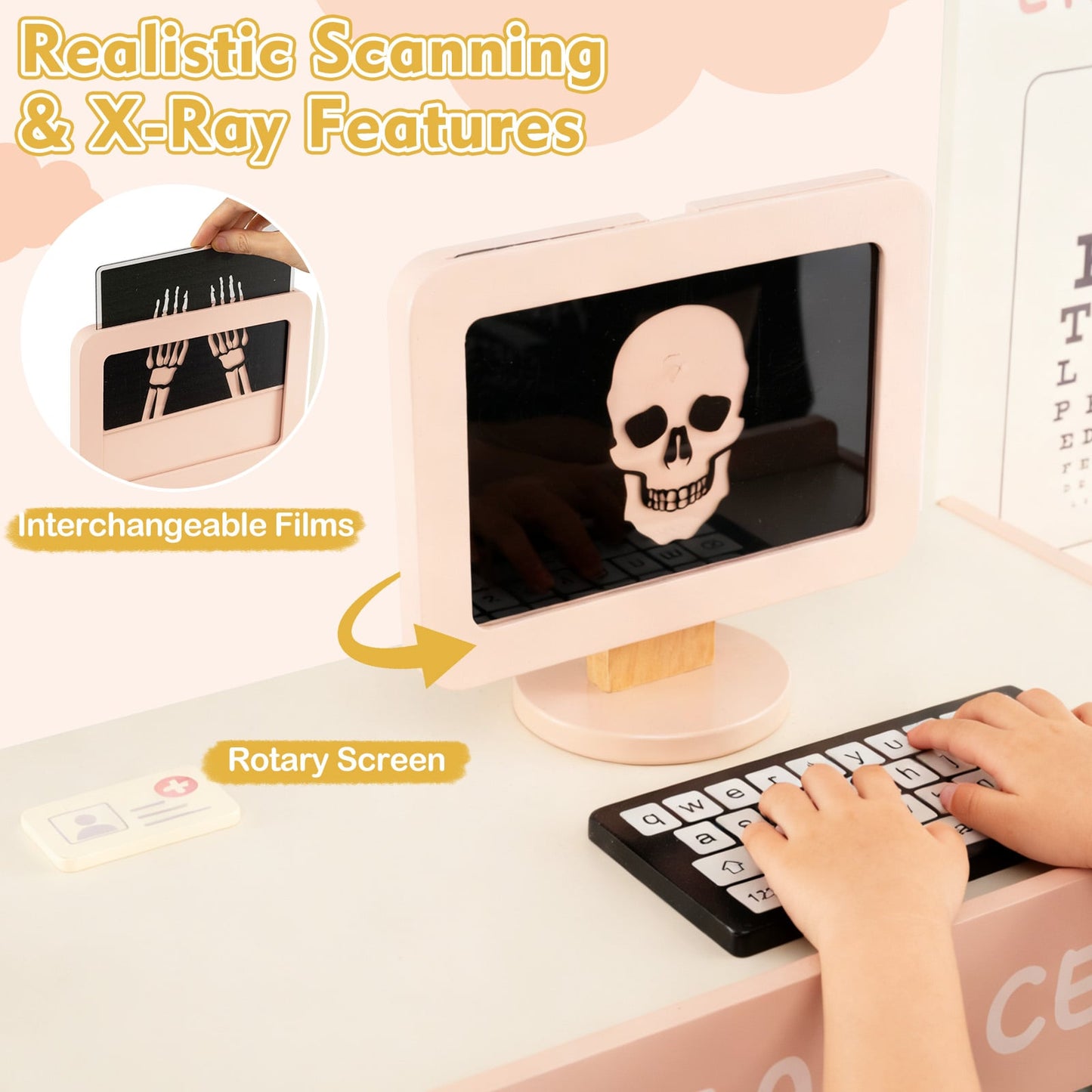 Wooden Pretend Hospital Office Kit with Eye Chart and Toy CT Machine-Pink