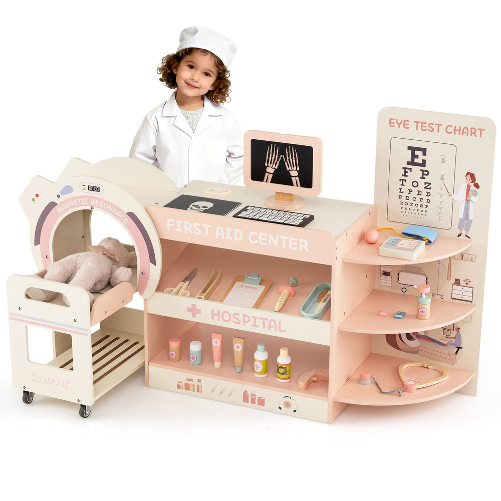 Wooden Pretend Hospital Office Kit with Eye Chart and Toy CT Machine-Pink