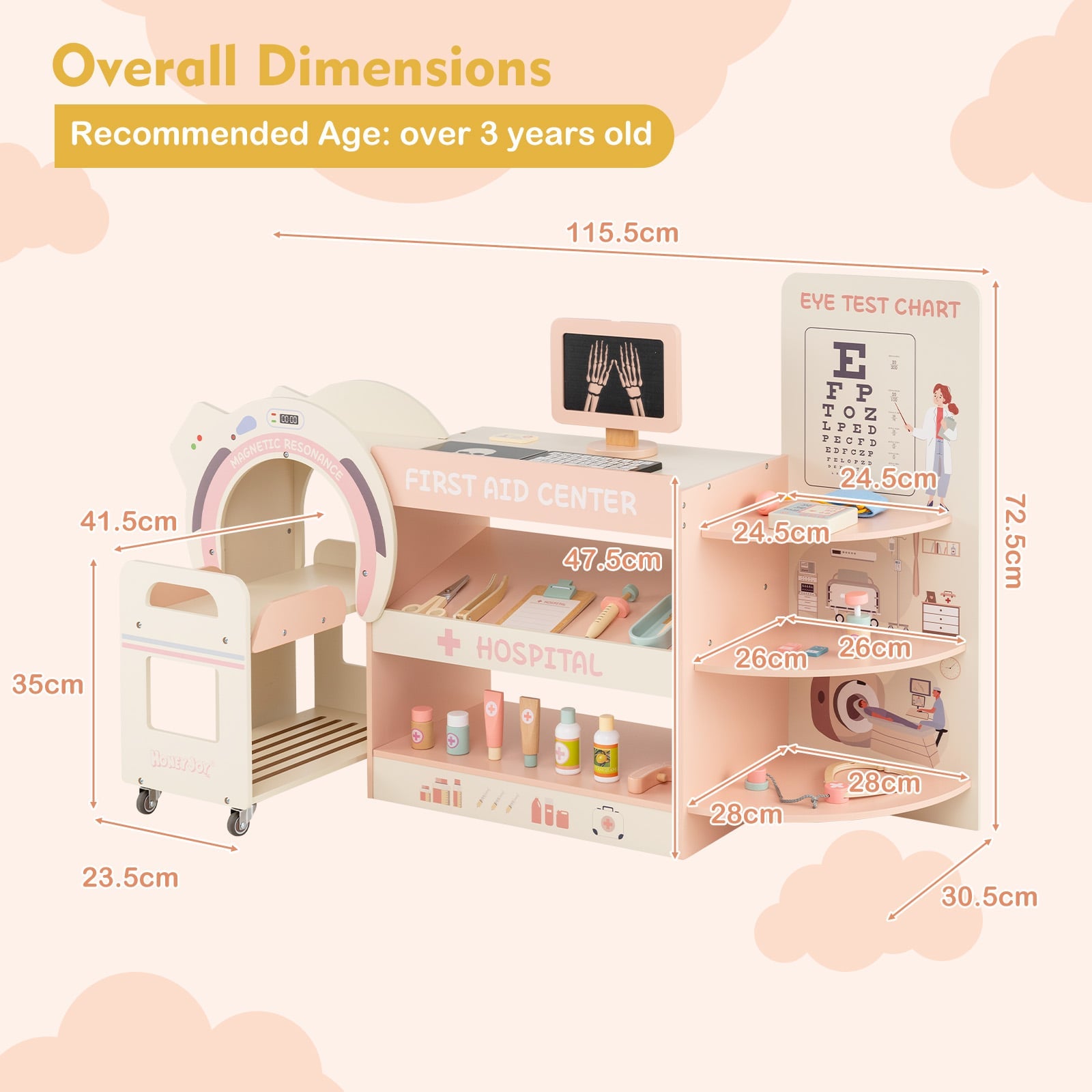 Wooden Pretend Hospital Office Kit with Eye Chart and Toy CT Machine-Pink