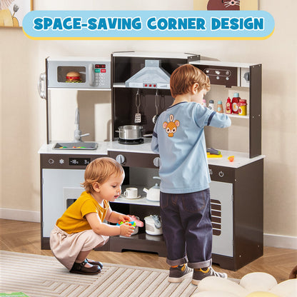 Wooden Pretend Play Kitchen with Real Sounds and Lights-Brown