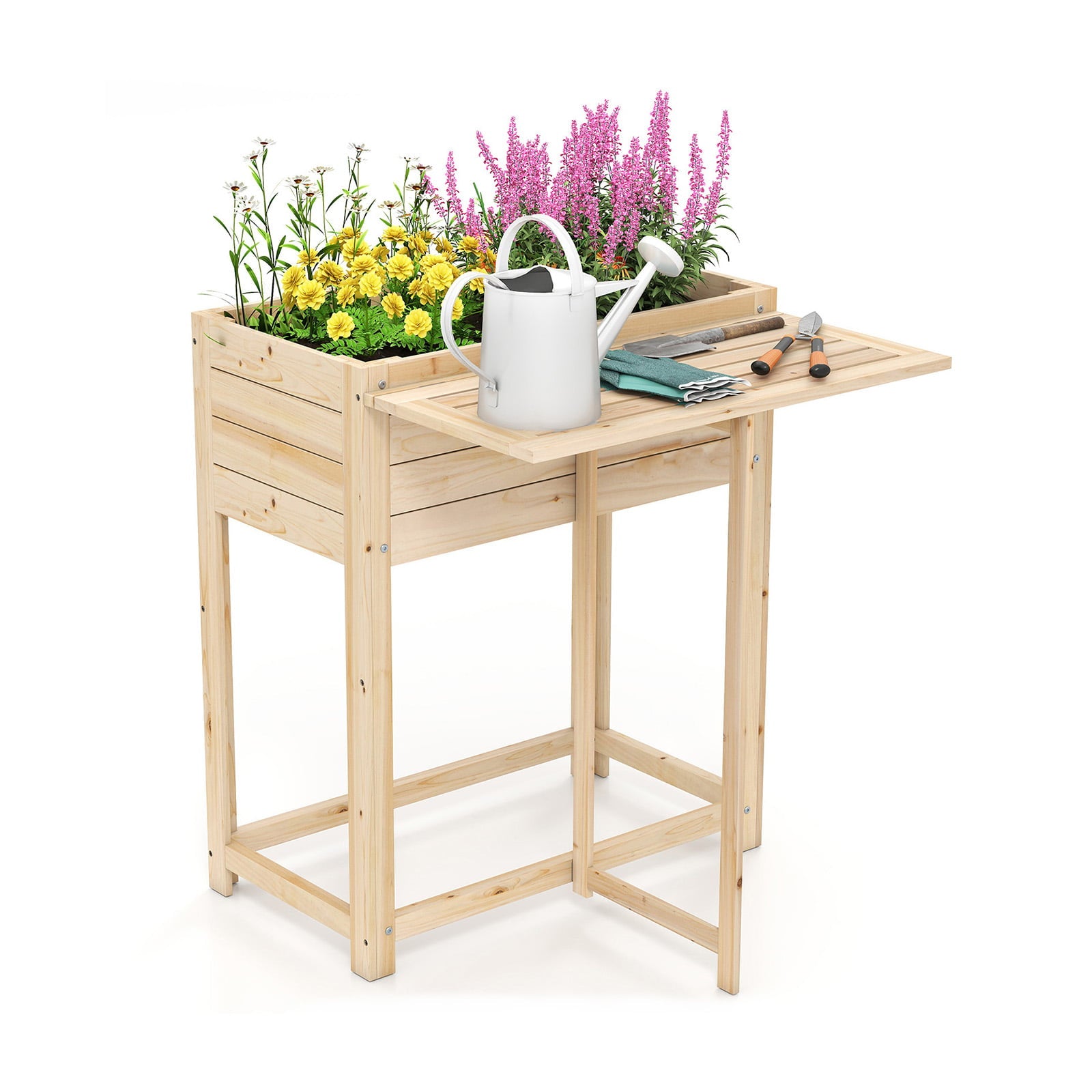 63 x 34 x 74 cm Wooden Raised Garden Bed with Legs and Foldable Side Table
