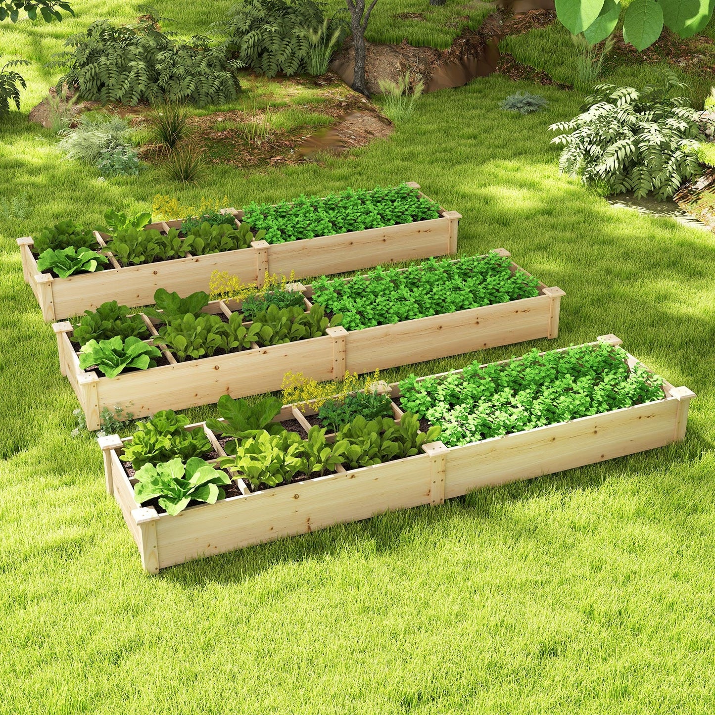 Wooden Raised Garden Bed with 2 Planter Boxes and Dividers-Natural