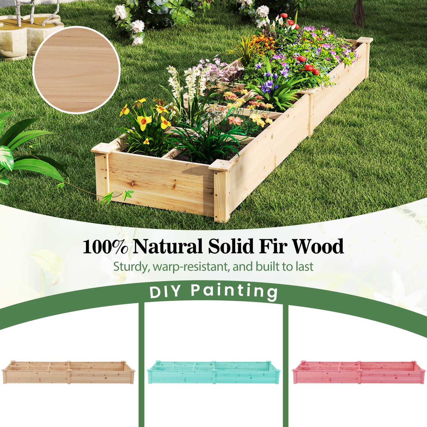 Wooden Raised Garden Bed with 2 Planter Boxes and Dividers-Natural