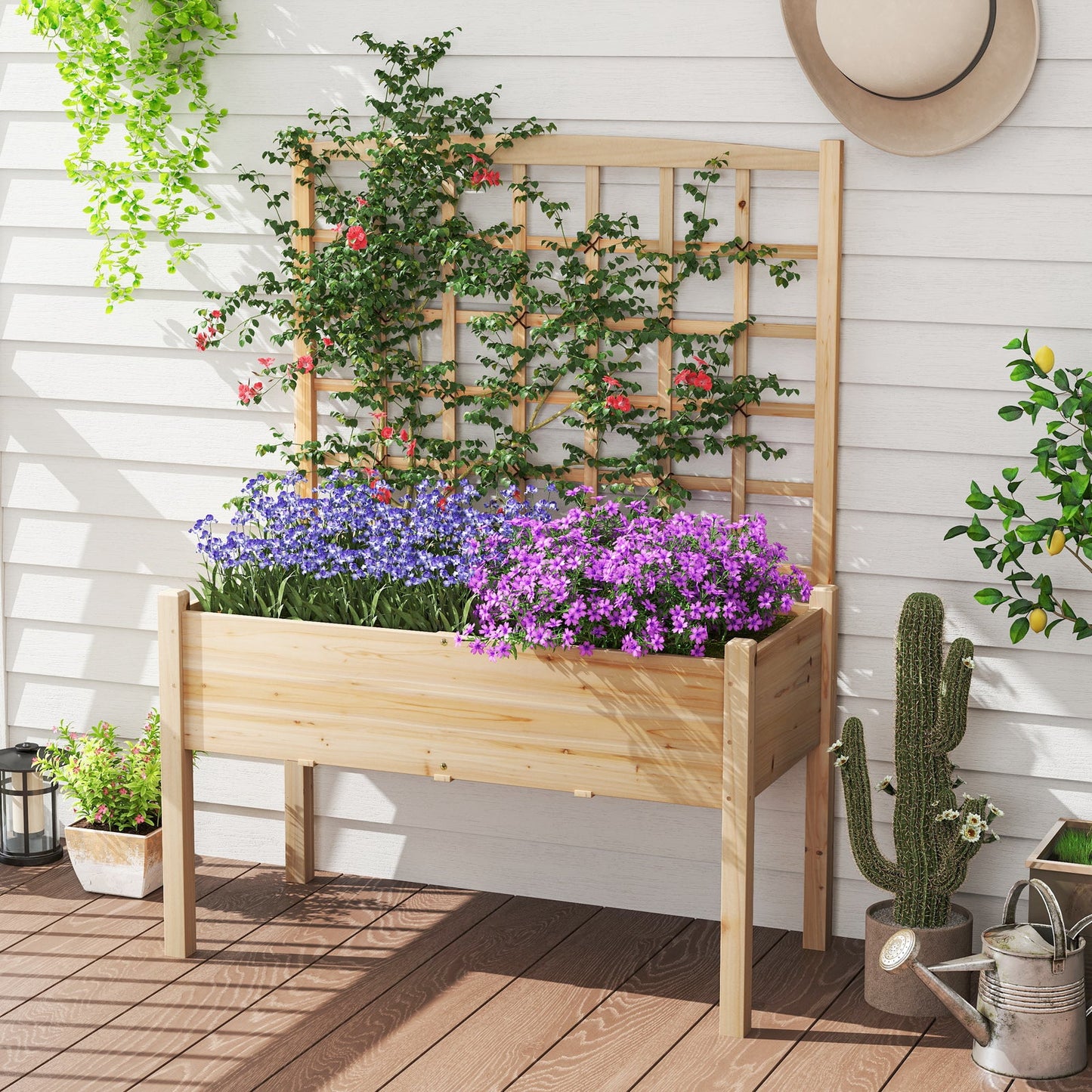 Wooden Raised Garden Bed with Lattice Trellis and Drainage Holes-Natural