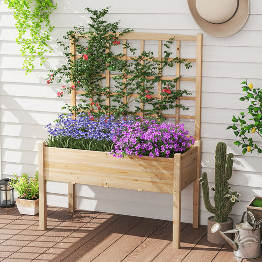 Wooden Raised Garden Bed with Lattice Trellis and Drainage Holes-Natural