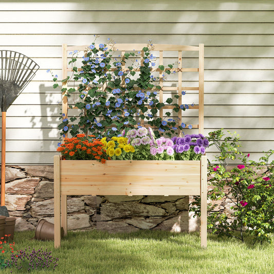 Wooden Raised Garden Bed with Lattice Trellis and Drainage Holes-Natural
