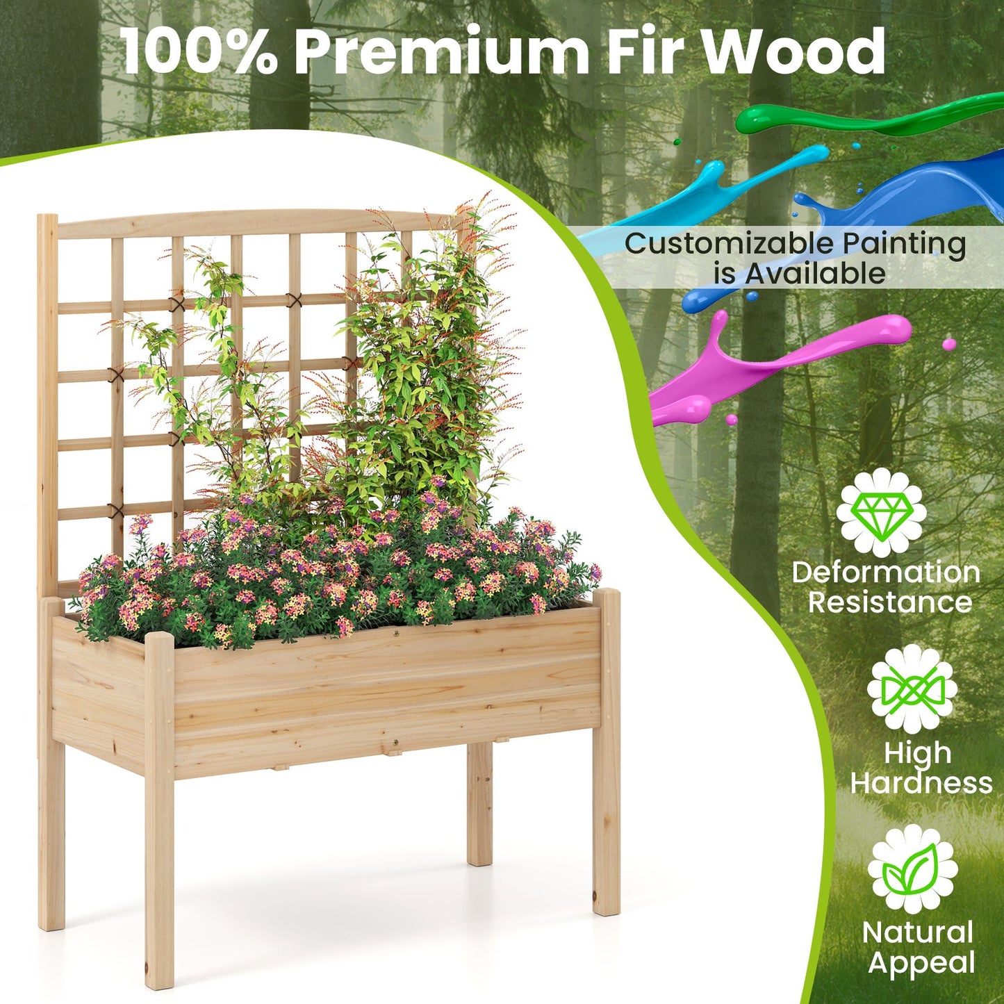 Wooden Raised Garden Bed with Lattice Trellis and Drainage Holes-Natural