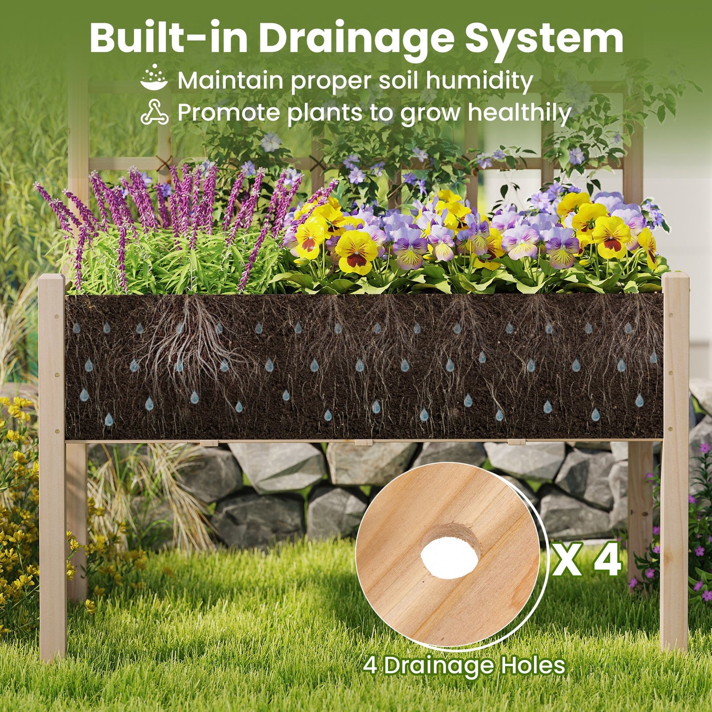 Wooden Raised Garden Bed with Lattice Trellis and Drainage Holes-Natural