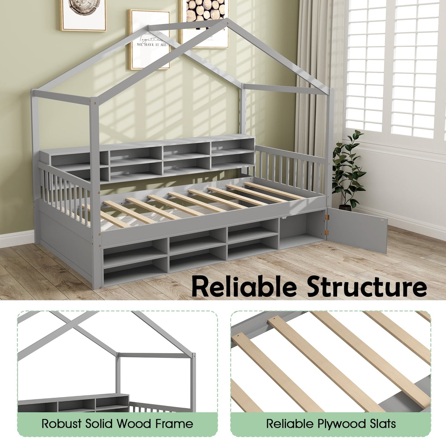 Wooden Single Size House Bed with Roof and 14 Storage Cubes-Grey