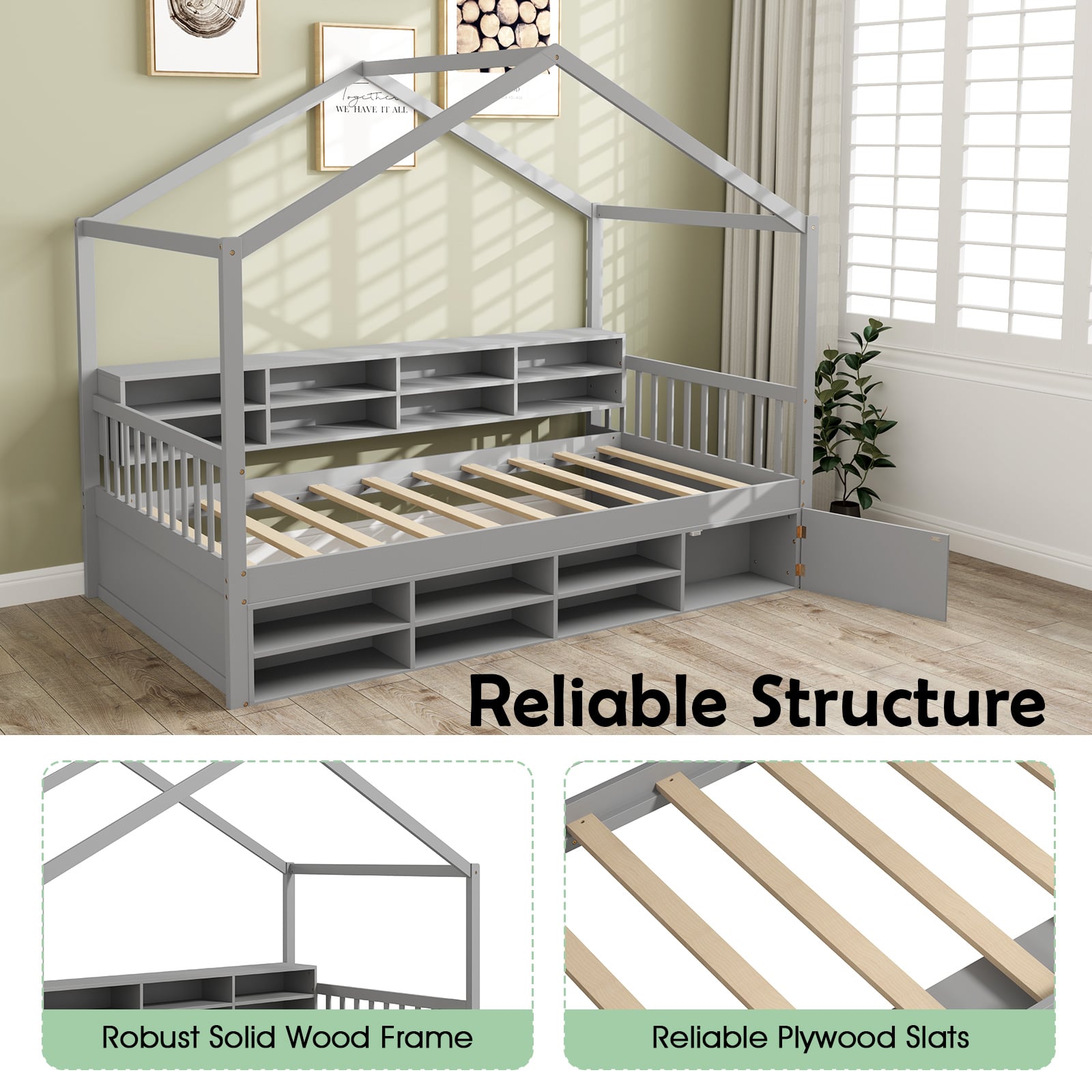 Wooden Single Size House Bed with Roof and 14 Storage Cubes-Grey