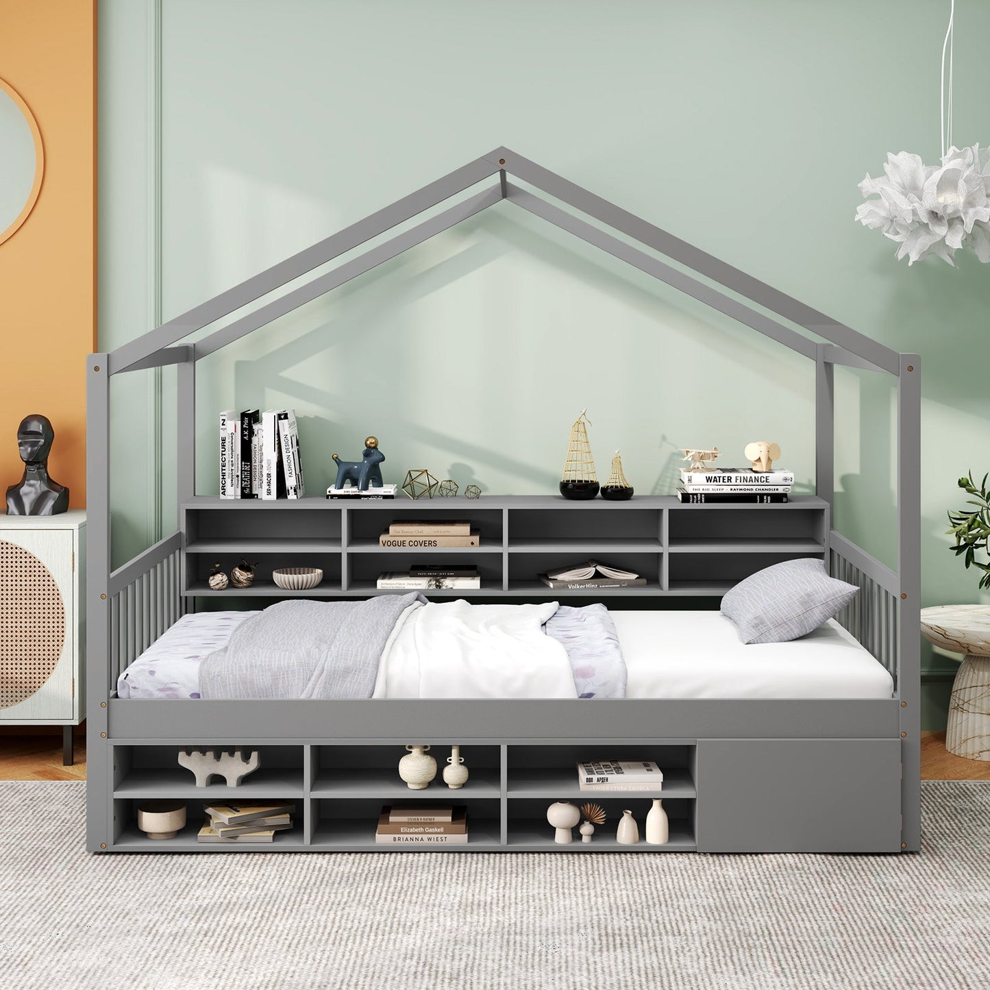 Wooden Single Size House Bed with Roof and 14 Storage Cubes-Grey