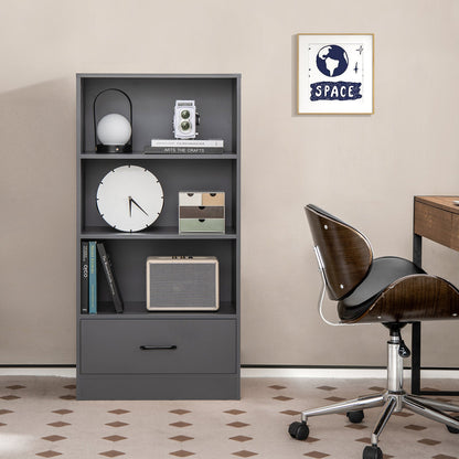 Wooden Storage Bookshelf Cabinet with 3-Tier Open Shelves and Drawer-Grey