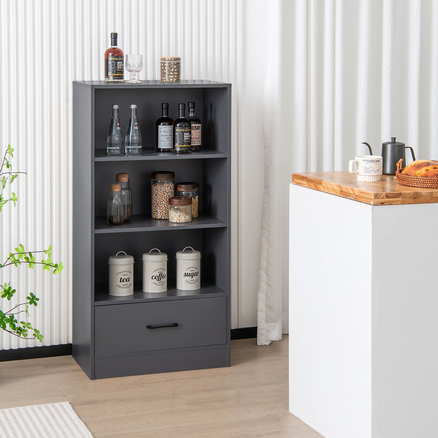 Wooden Storage Bookshelf Cabinet with 3-Tier Open Shelves and Drawer-Grey