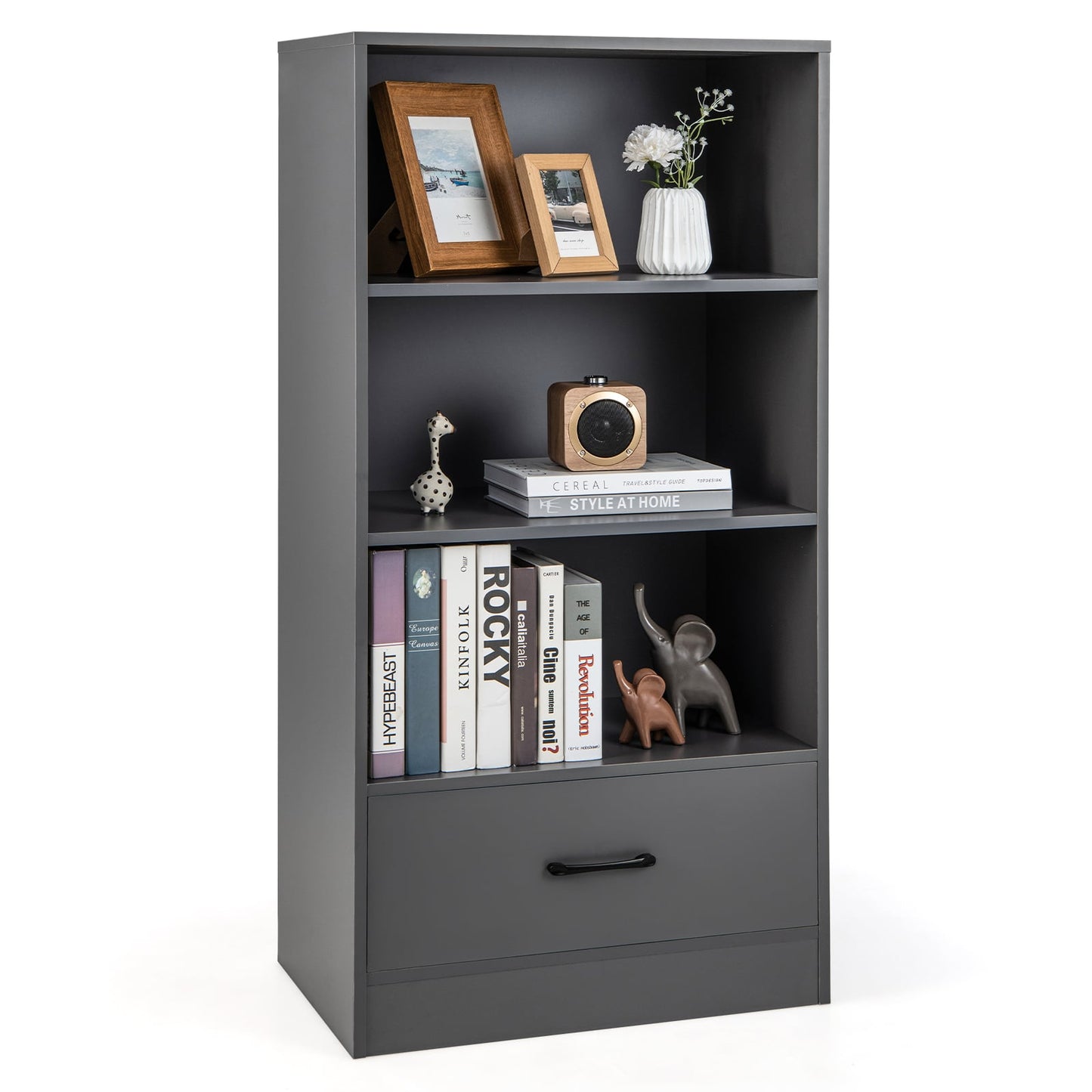 Wooden Storage Bookshelf Cabinet with 3-Tier Open Shelves and Drawer-Grey