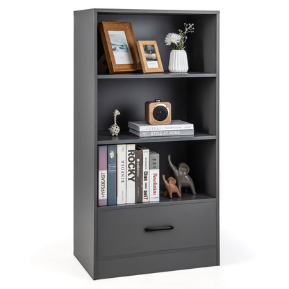 Wooden Storage Bookshelf Cabinet with 3-Tier Open Shelves and Drawer-Grey