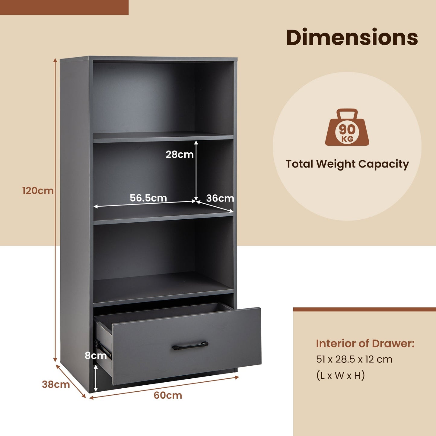 Wooden Storage Bookshelf Cabinet with 3-Tier Open Shelves and Drawer-Grey