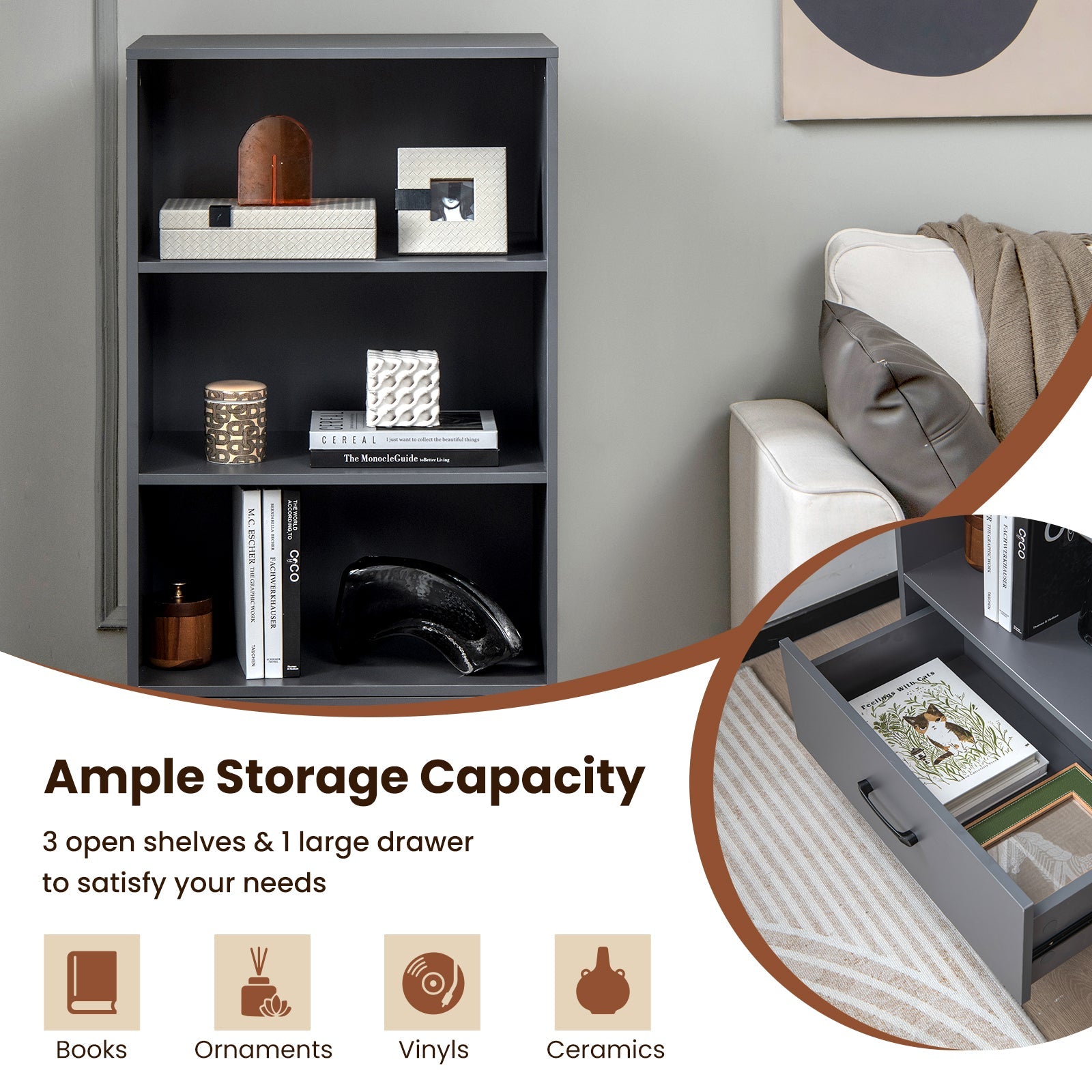 Wooden Storage Bookshelf Cabinet with 3-Tier Open Shelves and Drawer-Grey