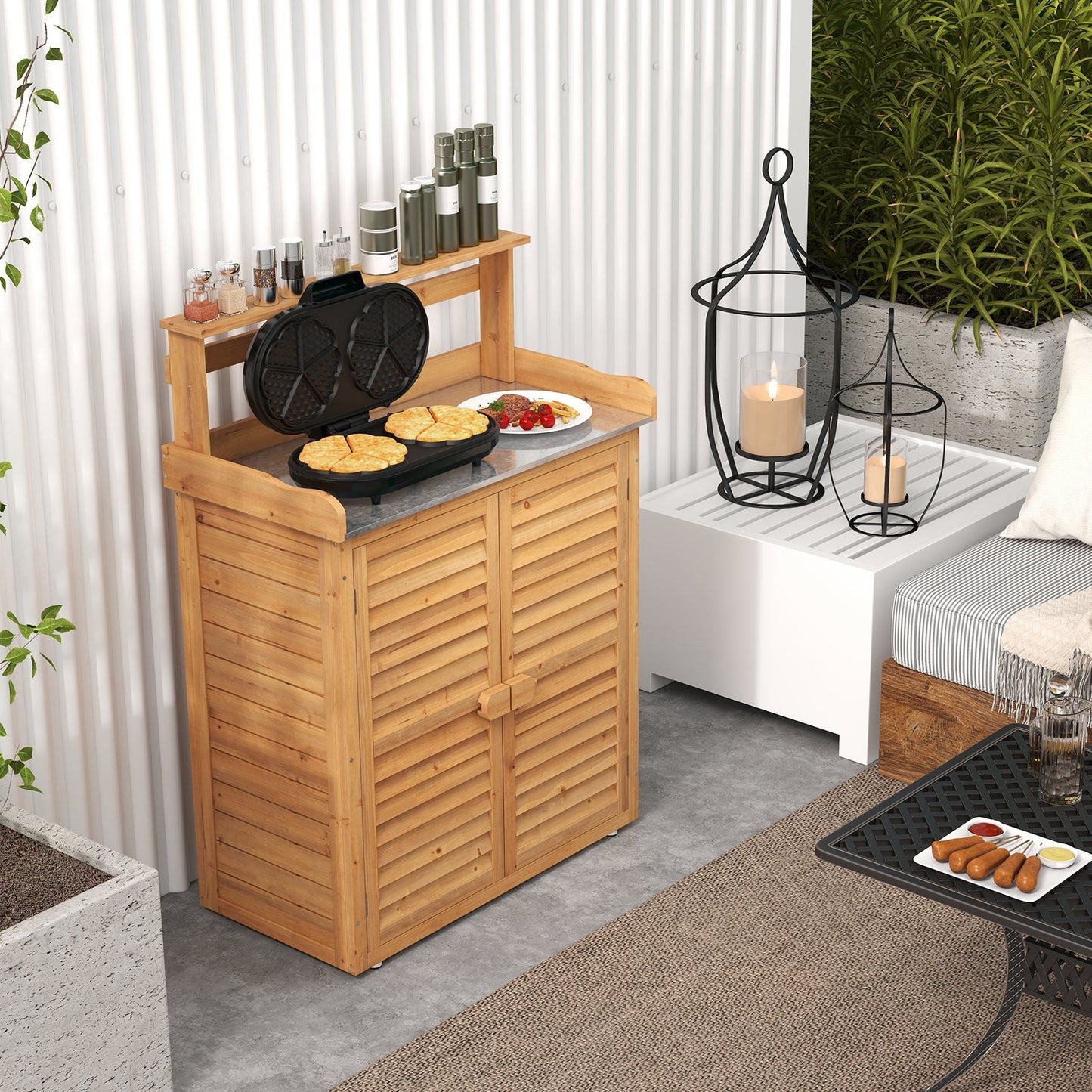 Wooden Storage Cabinet with Galvanized Metal Countertop-Natural