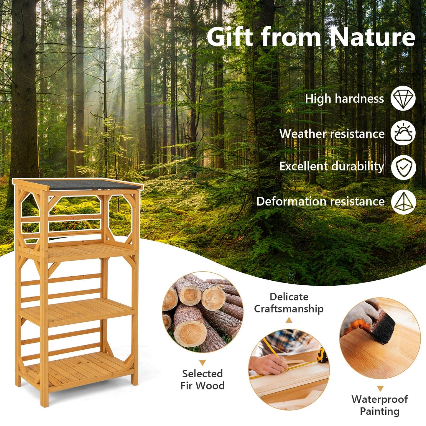 137CM 3-Tier Garden Plant Stand with Weatherproof Asphalt Roof-Natrual