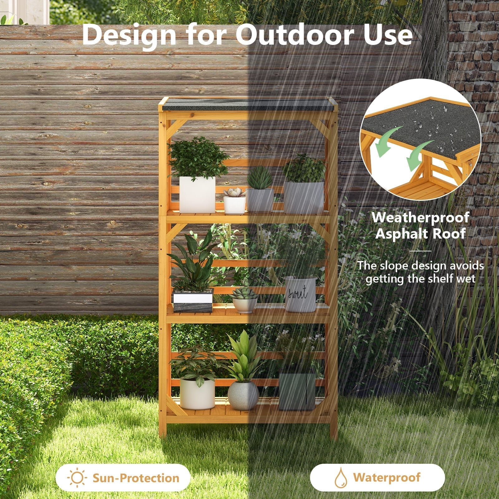 137CM 3-Tier Garden Plant Stand with Weatherproof Asphalt Roof-Natrual
