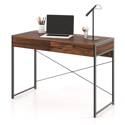 Wooden Study Computer Desk with 2 Drawers, 112 x 48 x 76cm -Brown