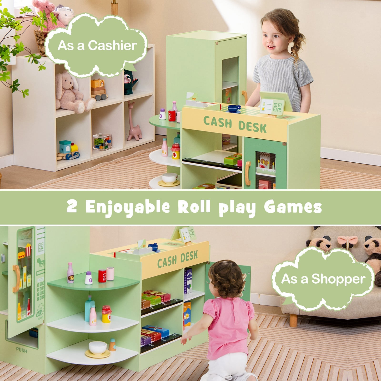 Kids Wooden Grocery Store Supermarket Play Toy Set-Green