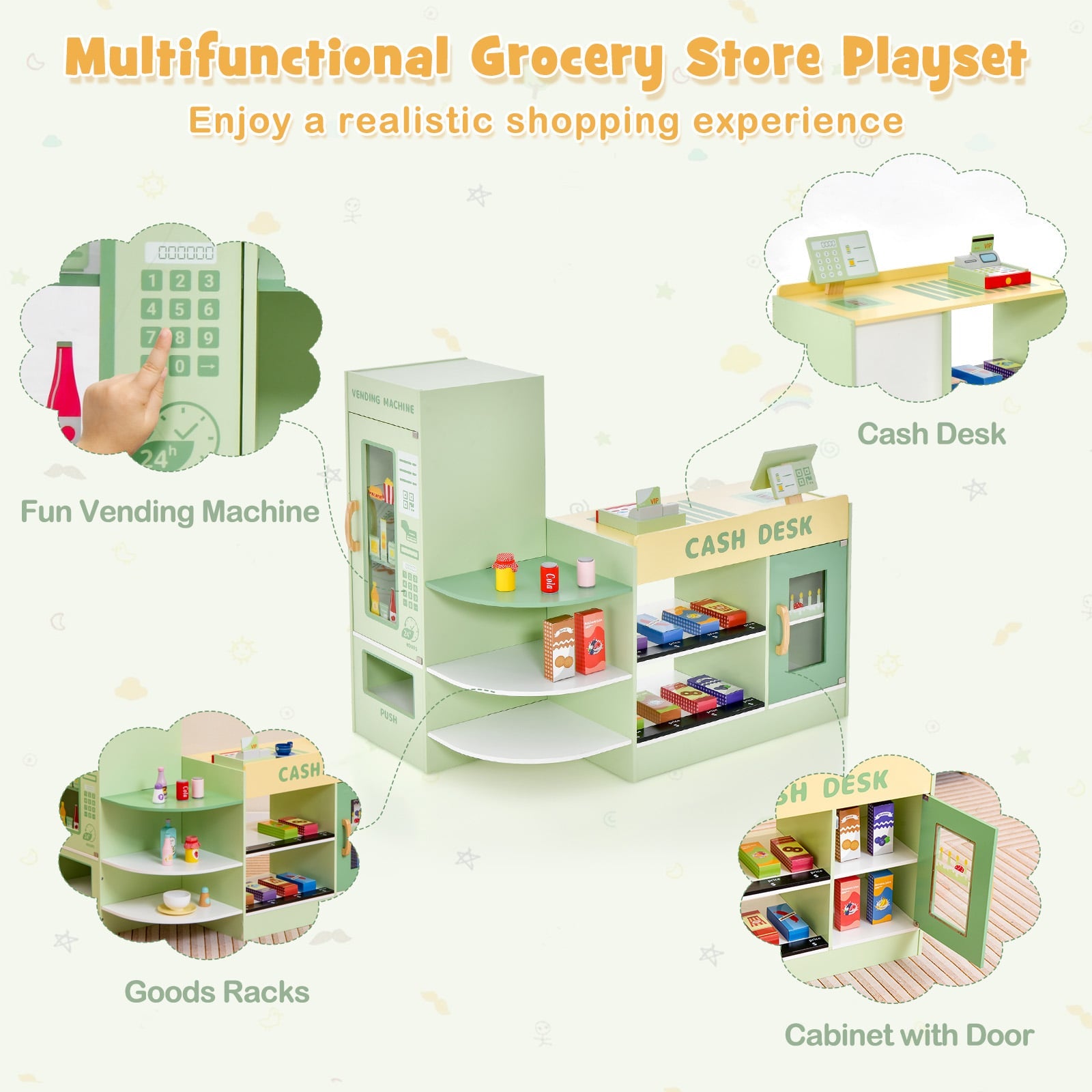 Kids Wooden Grocery Store Supermarket Play Toy Set-Green