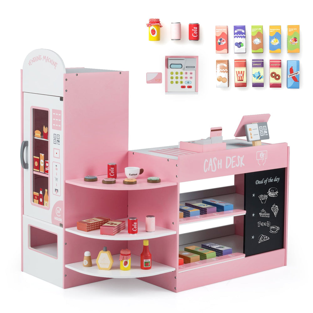Wooden Supermarket Play Toy Set with Cash Register and POS Machine-Pink