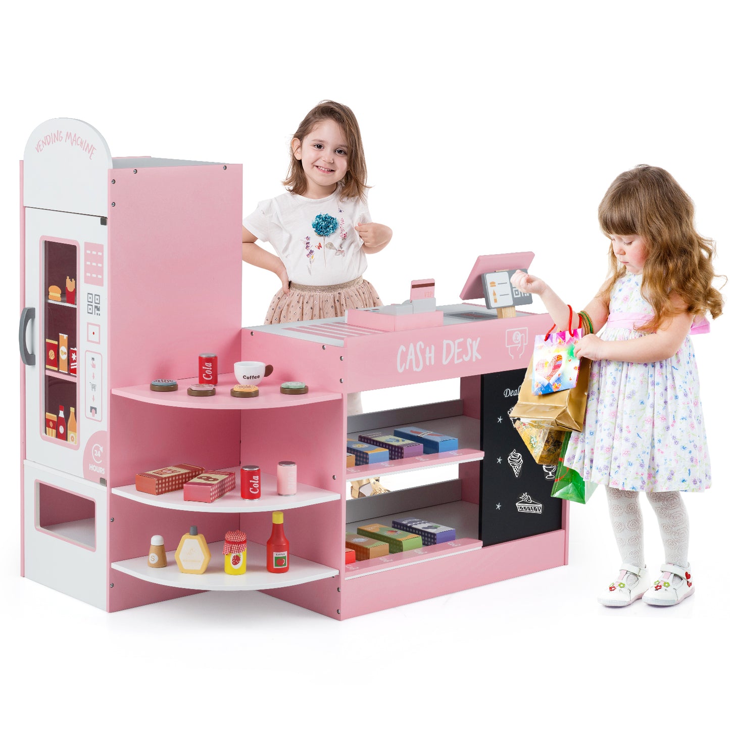 Wooden Supermarket Play Toy Set with Cash Register and POS Machine-Pink
