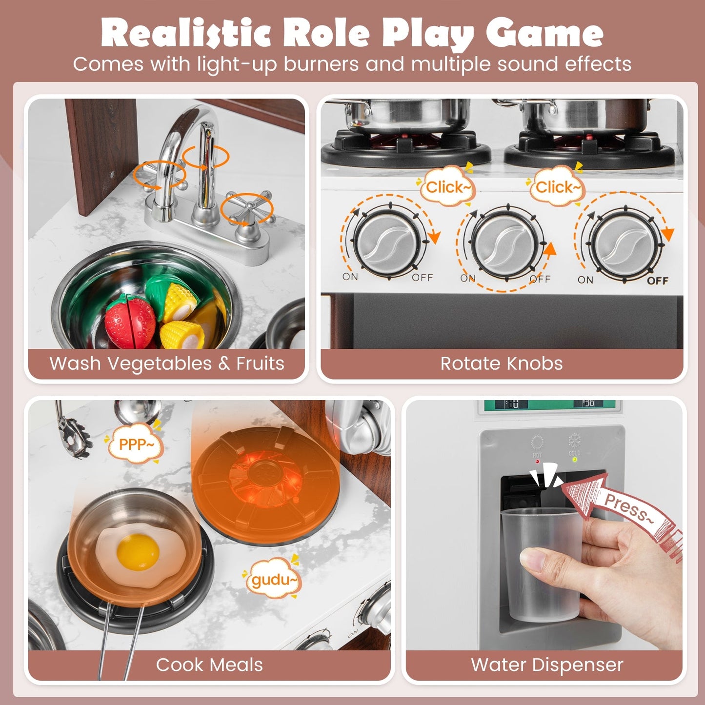 Wooden Toddler Kitchen Playset with Realistic Lights and Sounds-Brown