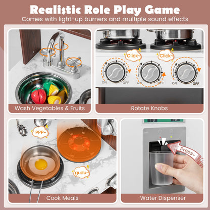 Wooden Toddler Kitchen Playset with Realistic Lights and Sounds-Brown