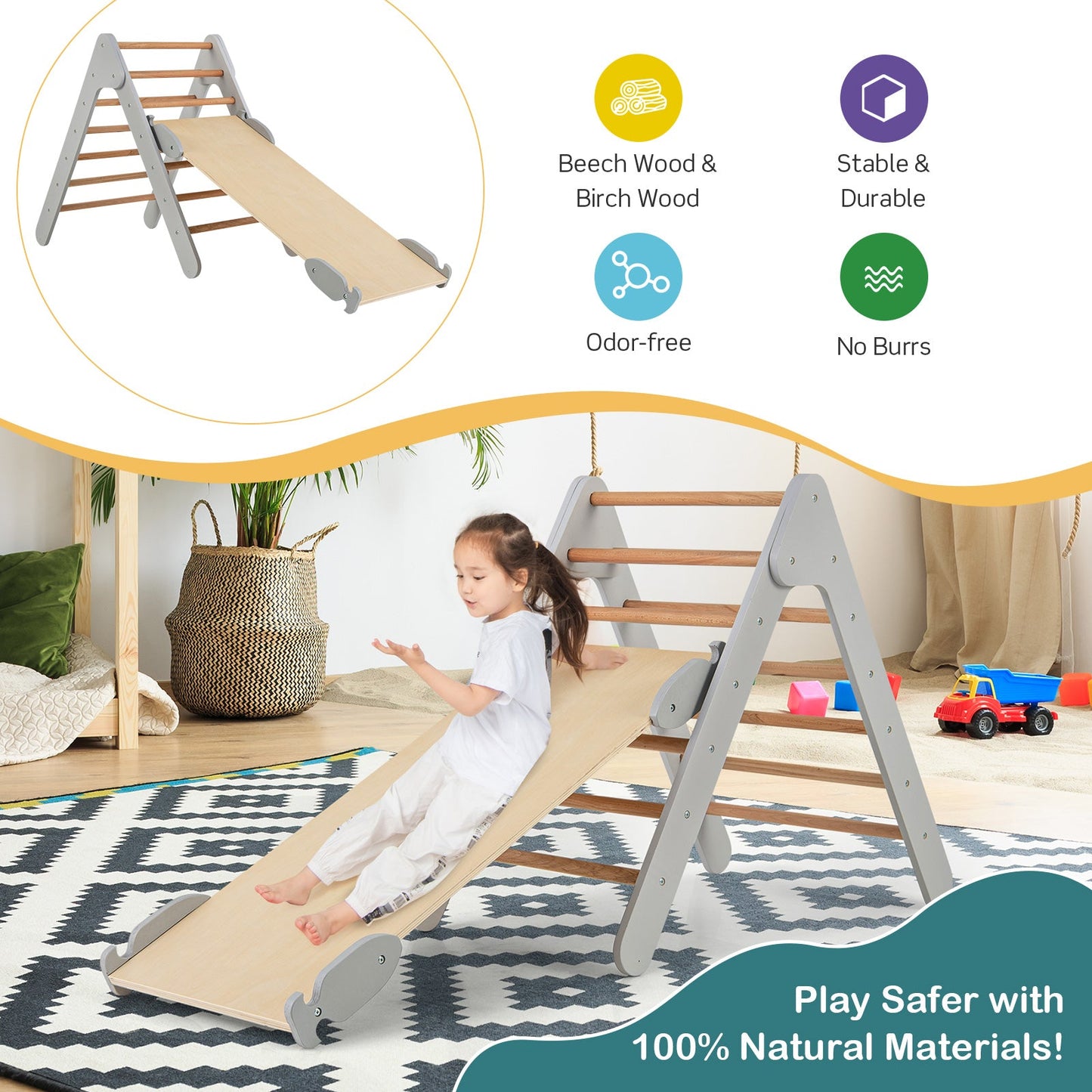 Wooden Triangle Climbing Ladder Set with 2-in-1 Reversible Ramp-Grey