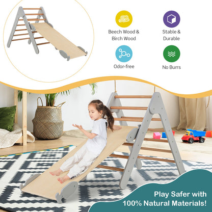 Wooden Triangle Climbing Ladder Set with 2-in-1 Reversible Ramp-Grey