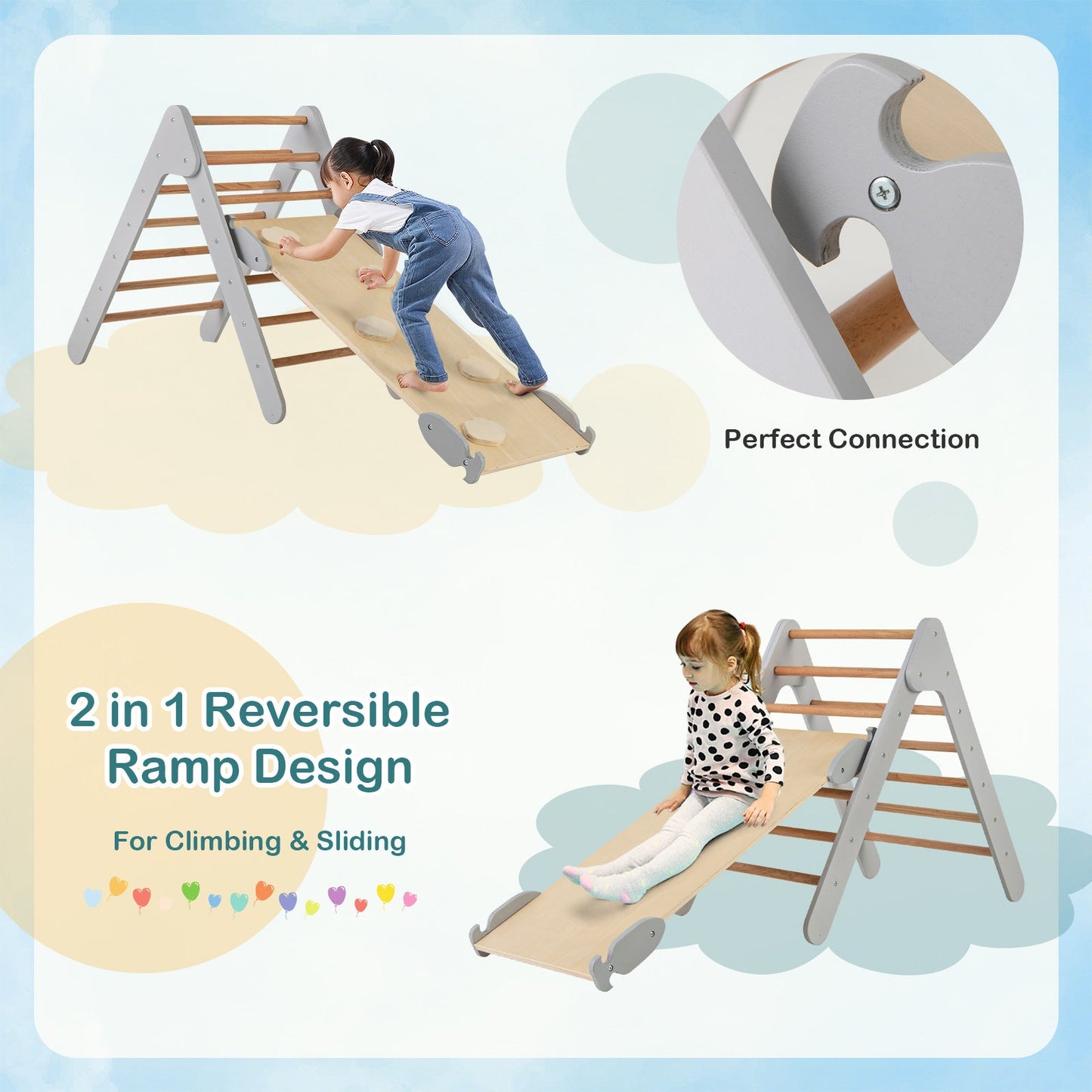 Wooden Triangle Climbing Ladder Set with 2-in-1 Reversible Ramp-Grey