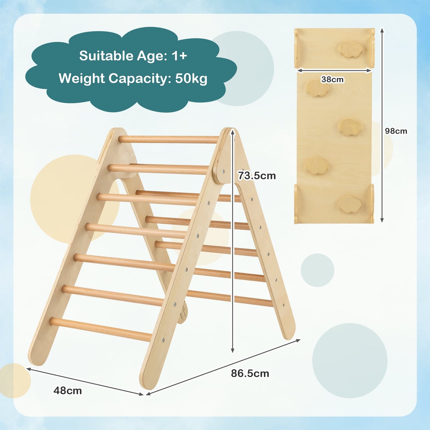 Wooden Triangle Climbing Ladder Set with 2-in-1 Reversible Ramp-Natural